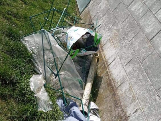 Déchets posés sur l'herbe contre un mur